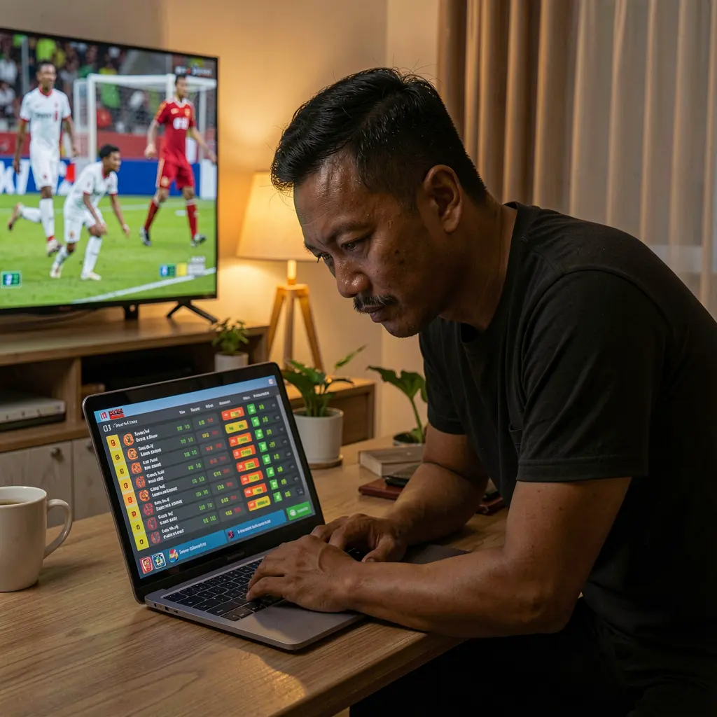 Indonesian sports bettor using a laptop with live soccer odds on MVP789 while watching match highlights on TV in a cozy evening setting