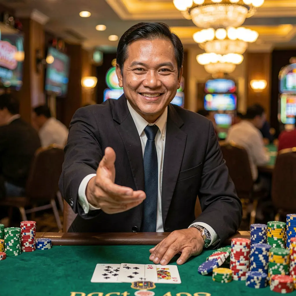 Charming casino host surrounded by glowing chips and bright lights inviting users to join the MVP789 platform in Indonesia