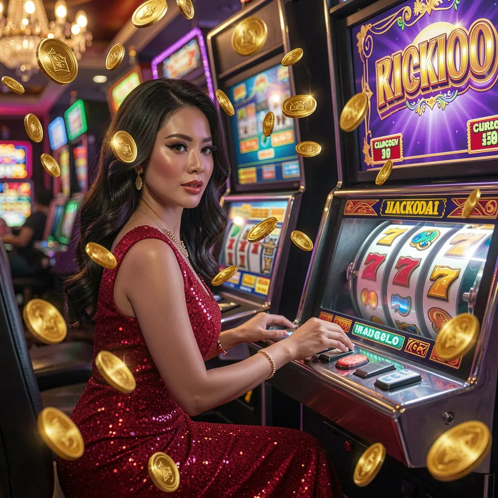 MVP789 – Experience premium online slot entertainment for players in Indonesia A glamorous woman in a sparkling red dress enjoying high quality slot gameplay at MVP789 casino with glowing reels and flying coins in Indonesia